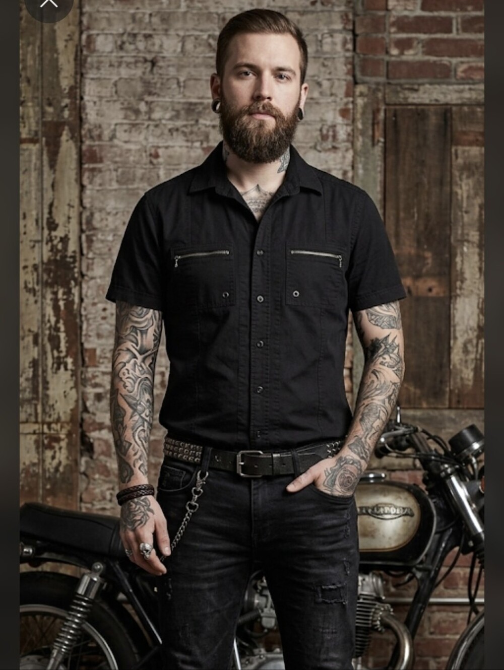 RW&CO. Men's Black Short-Sleeve Button-Down Shirt with Zip Chest Pockets
